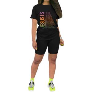 imagePINSV Womens 2 Piece Outfits Summer Printing Bodycon Short Pants Workout Sets32black Letter Print