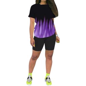 imagePINSV Womens 2 Piece Outfits Summer Printing Bodycon Short Pants Workout Sets5purple Line Gradient