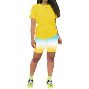 imagePINSV Womens 2 Piece Outfits Summer Printing Bodycon Short Pants Workout Sets5yellow Green Gradient