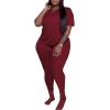 imagePINSV Womens Plus Size 2 Piece Outfits Tracksuits Short Sleeve Top Pants Sets SweatsuitsBurgundy