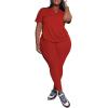 imagePINSV Womens Plus Size 2 Piece Outfits Tracksuits Short Sleeve Top Pants Sets SweatsuitsRed
