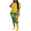 imagePINSV Womens Plus Size 2 Piece Outfits Tracksuits Short Sleeve Top Pants Sets SweatsuitsYellow Cross Print
