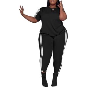 imagePINSV Womens Plus Size 2 Piece Outfits Tracksuits Short Sleeve Top Pants Sets SweatsuitsBlack Stripe