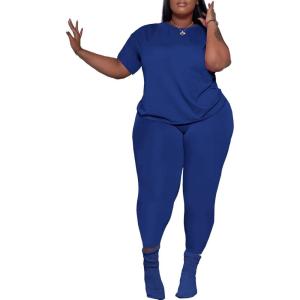 imagePINSV Womens Plus Size 2 Piece Outfits Tracksuits Short Sleeve Top Pants Sets SweatsuitsBlue