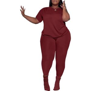 imagePINSV Womens Plus Size 2 Piece Outfits Tracksuits Short Sleeve Top Pants Sets SweatsuitsBurgundy