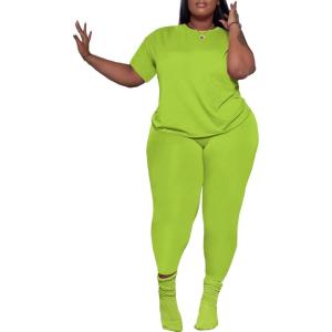 imagePINSV Womens Plus Size 2 Piece Outfits Tracksuits Short Sleeve Top Pants Sets SweatsuitsNeon Green