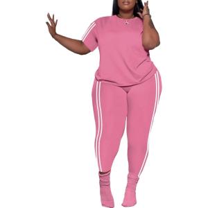 imagePINSV Womens Plus Size 2 Piece Outfits Tracksuits Short Sleeve Top Pants Sets SweatsuitsPink Stripe