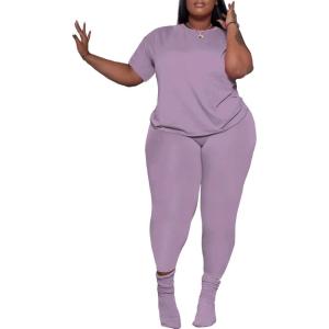 imagePINSV Womens Plus Size 2 Piece Outfits Tracksuits Short Sleeve Top Pants Sets SweatsuitsPurple