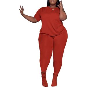 imagePINSV Womens Plus Size 2 Piece Outfits Tracksuits Short Sleeve Top Pants Sets SweatsuitsRed