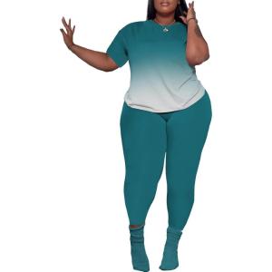 imagePINSV Womens Plus Size 2 Piece Outfits Tracksuits Short Sleeve Top Pants Sets SweatsuitsTurquoise Gradient