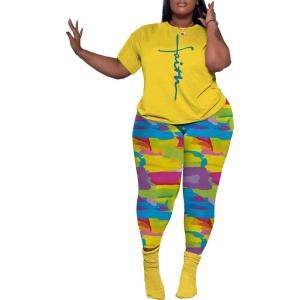 imagePINSV Womens Plus Size 2 Piece Outfits Tracksuits Short Sleeve Top Pants Sets SweatsuitsYellow Cross Print