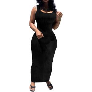 imagePINSV Womens Scoop Neck Bodycon Maxi Dress Stretchy Sleeveless Summer Tank Dress Sexy Party Club Beach SundressBlack