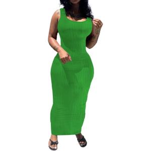 imagePINSV Womens Scoop Neck Bodycon Maxi Dress Stretchy Sleeveless Summer Tank Dress Sexy Party Club Beach SundressGreen