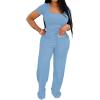 imagePINSV Womens 2 Piece Outfits Lounge Short Sleeve Tops High Waisted Wide Leg Pants Tracksuit SetsLight Blue