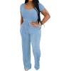 imagePINSV Womens 2 Piece Outfits Lounge Short Sleeve Tops High Waisted Wide Leg Pants Tracksuit SetsLight Blue