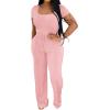 imagePINSV Womens 2 Piece Outfits Lounge Short Sleeve Tops High Waisted Wide Leg Pants Tracksuit SetsPink