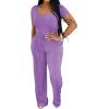 imagePINSV Womens 2 Piece Outfits Lounge Short Sleeve Tops High Waisted Wide Leg Pants Tracksuit SetsPurple