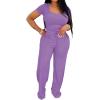 imagePINSV Womens 2 Piece Outfits Lounge Short Sleeve Tops High Waisted Wide Leg Pants Tracksuit SetsPurple