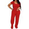 imagePINSV Womens 2 Piece Outfits Lounge Short Sleeve Tops High Waisted Wide Leg Pants Tracksuit SetsRed