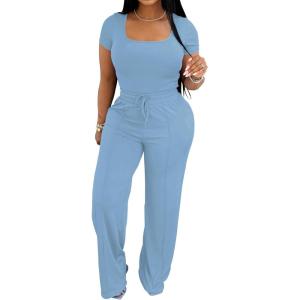 imagePINSV Womens 2 Piece Outfits Lounge Short Sleeve Tops High Waisted Wide Leg Pants Tracksuit SetsLight Blue