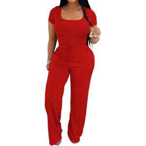 imagePINSV Womens 2 Piece Outfits Lounge Short Sleeve Tops High Waisted Wide Leg Pants Tracksuit SetsRed
