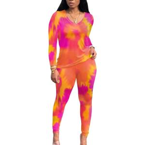 imagePINSV Womens Tracksuits 2 Piece Outfits Sweatsuits Long Sleeve Top Jogger Legging Pants SetsOrange Shade