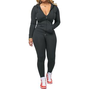 imagePINSV Women Two Piece Outfits Workout Sets Bodycon Tracksuit Long Sleeve Zip Up Hoodie Jacket Jogger Matching Sweat Pants SetDark Grey