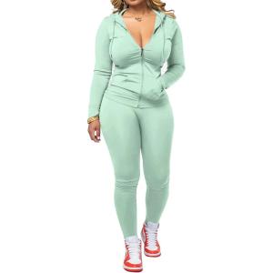 imagePINSV Women Two Piece Outfits Workout Sets Bodycon Tracksuit Long Sleeve Zip Up Hoodie Jacket Jogger Matching Sweat Pants SetMint Green