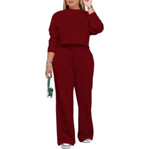 imagePINSV Womens 2 Piece Outfits Sweatsuit Set Long Sleeve Crop Top Drawstring Wide Leg Pants with Pockets Tracksuits Casual SetWine