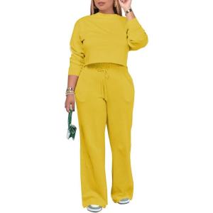 imagePINSV Womens 2 Piece Outfits Sweatsuit Set Long Sleeve Crop Top Drawstring Wide Leg Pants with Pockets Tracksuits Casual SetYellow