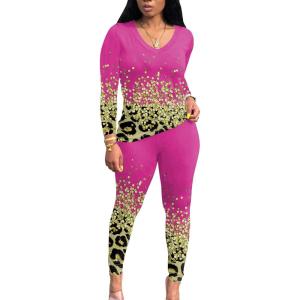 imagePINSV Womens Tracksuits 2 Piece Outfits Sweatsuit Long Sleeve Top Jogger Legging Pants Sets Rose Leopard Print XXL