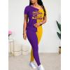 imageLounge Sets for Women 2 Piece Summer Casual Jogger Workout Outfits Short Tops Long Pant Sweat suit leggings setYellow Purple Contrasting Print
