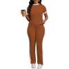 imagePINSV Womens 2 Piece Outfits Short Sleeve Tops Sweatpants Colorblock Bodycon Lounge Sets TracksuitBrown