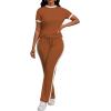 imagePINSV Womens 2 Piece Outfits Short Sleeve Tops Sweatpants Colorblock Bodycon Lounge Sets TracksuitBrown