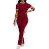 imagePINSV Womens 2 Piece Outfits Short Sleeve Tops Sweatpants Colorblock Bodycon Lounge Sets TracksuitBurgundy
