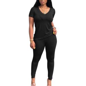 imageLounge Sets for Women 2 Piece Summer Casual Jogger Workout Outfits Short Tops Long Pant Sweat suit leggings setBlack