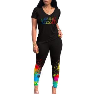 imageLounge Sets for Women 2 Piece Summer Casual Jogger Workout Outfits Short Tops Long Pant Sweat suit leggings setBlack Splatter Print