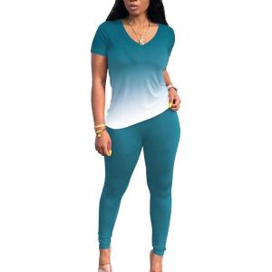 imageLounge Sets for Women 2 Piece Summer Casual Jogger Workout Outfits Short Tops Long Pant Sweat suit leggings setDark Green Gradient