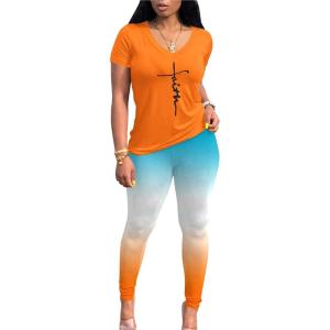 imageLounge Sets for Women 2 Piece Summer Casual Jogger Workout Outfits Short Tops Long Pant Sweat suit leggings setOrange White Blue Print