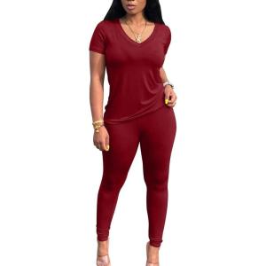 imageLounge Sets for Women 2 Piece Summer Casual Jogger Workout Outfits Short Tops Long Pant Sweat suit leggings setRed