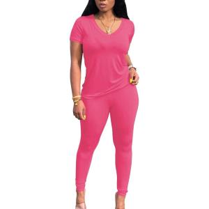 imageLounge Sets for Women 2 Piece Summer Casual Jogger Workout Outfits Short Tops Long Pant Sweat suit leggings setRose Red