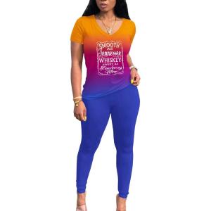 imageLounge Sets for Women 2 Piece Summer Casual Jogger Workout Outfits Short Tops Long Pant Sweat suit leggings setRose Red Orange Blue Gradient
