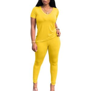 imageLounge Sets for Women 2 Piece Summer Casual Jogger Workout Outfits Short Tops Long Pant Sweat suit leggings setYellow