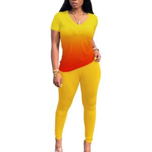 imageLounge Sets for Women 2 Piece Summer Casual Jogger Workout Outfits Short Tops Long Pant Sweat suit leggings setYellow Orange Gradient