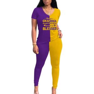 imageLounge Sets for Women 2 Piece Summer Casual Jogger Workout Outfits Short Tops Long Pant Sweat suit leggings setYellow Purple Contrasting Print
