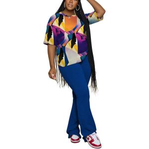 imagePINSV Women 2 Piece Outfits Short Sleeve Top and Flare Pants Lounge Sets TracksuitBlue C