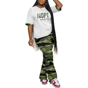 imagePINSV Women 2 Piece Outfits Short Sleeve Top and Flare Pants Lounge Sets TracksuitCamouflage