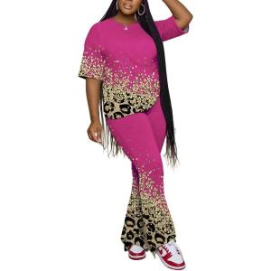 imagePINSV Women 2 Piece Outfits Short Sleeve Top and Flare Pants Lounge Sets TracksuitRose Red C