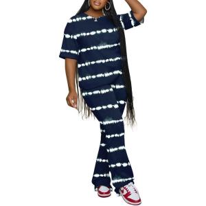 imagePINSV Women 2 Piece Outfits Short Sleeve Top and Flare Pants Lounge Sets TracksuitStripe