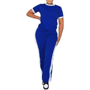 imagePINSV Womens 2 Piece Outfits Short Sleeve Tops Sweatpants Colorblock Bodycon Lounge Sets TracksuitBlue